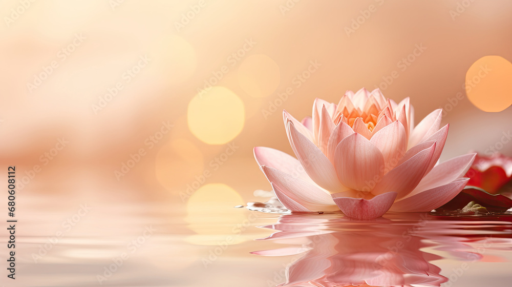 pink lotus flower on the water, Zen lotus flower in water illuminated by daylight on white blur copy space background