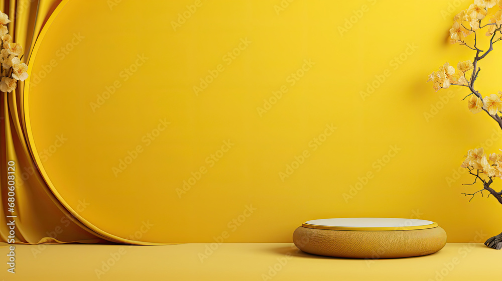 Cylinder yellow background minimal scene with yellow geometric platform. Summer background vector 3d rendering with podium. stand for products. Stage Showcase on pedestal 3d yellow background studio