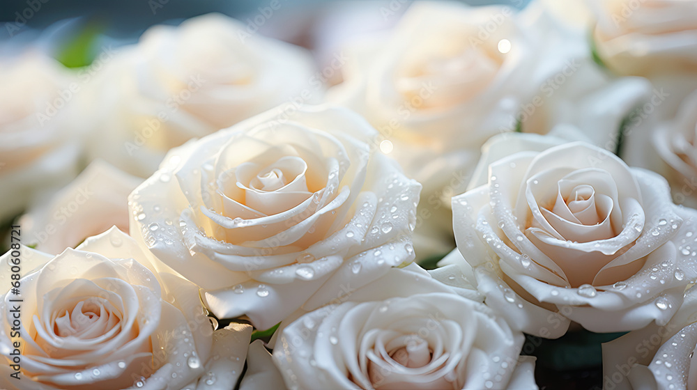 Close up of white rose. Flower background in soft color and blur style. Macro photo of fresh rose.