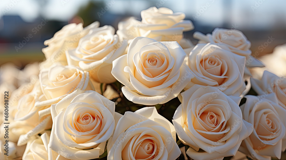 Close up of white rose. Flower background in soft color and blur style. Macro photo of fresh rose.