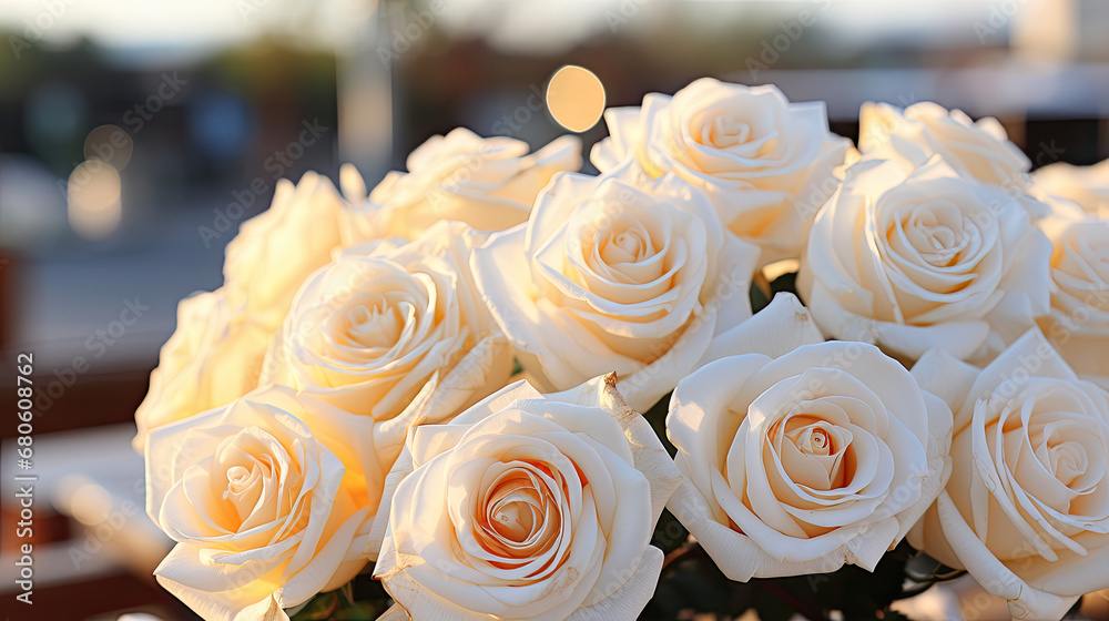 Close up of white rose. Flower background in soft color and blur style. Macro photo of fresh rose.