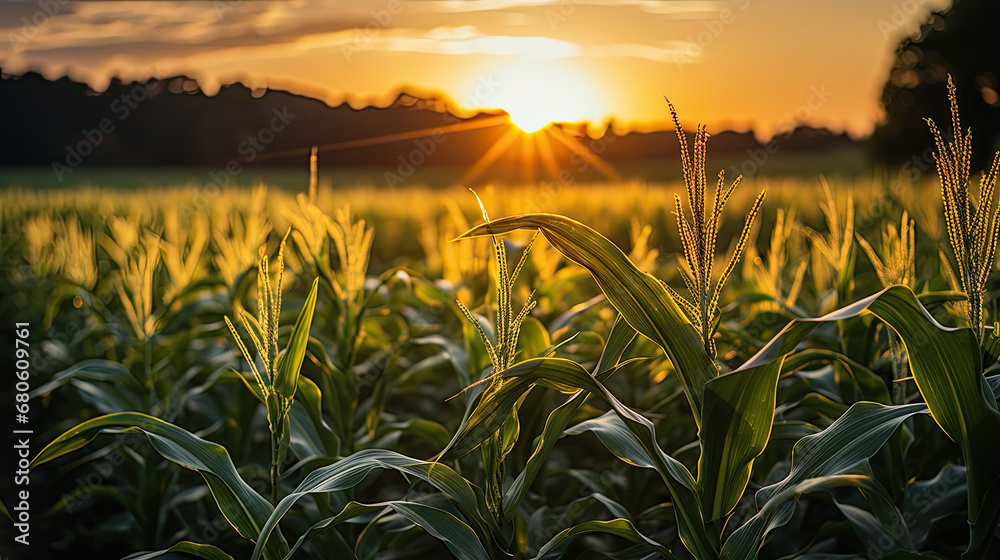 Sunrise over a cornfield, corn field at sunset