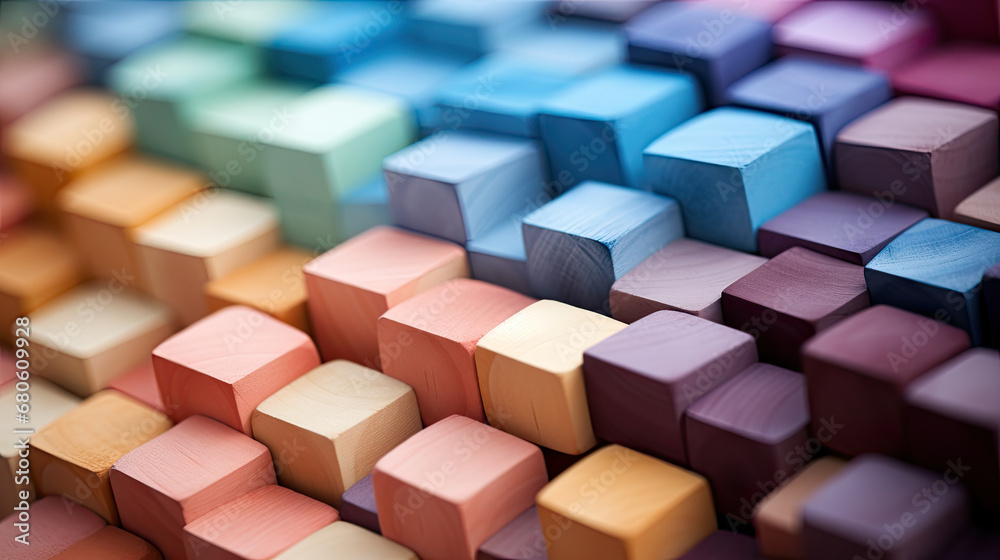 Spectrum of stacked multi-colored wooden blocks. Background or cover for something creative, diverse, expanding, rising or growing. shallow depth of field, Colorful wooden blocks aligned. Wide format,