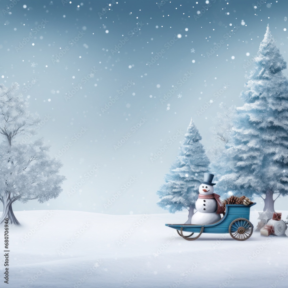 A winter scene with a sled, snowman, and Christmas tree in the background and copy space