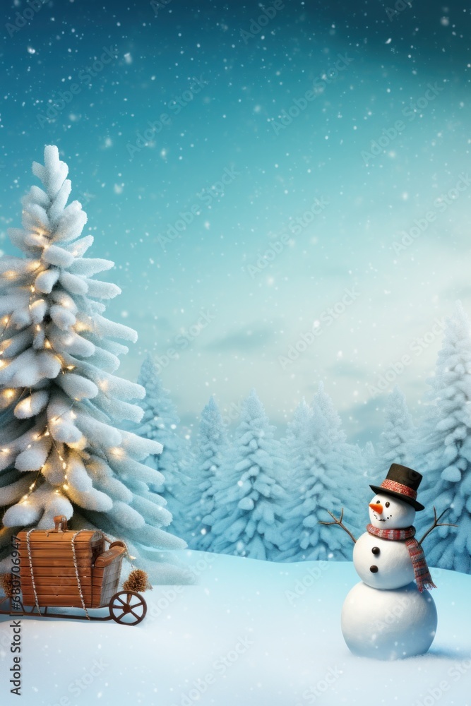 A winter scene with a sled, snowman, and Christmas tree in the background and copy space