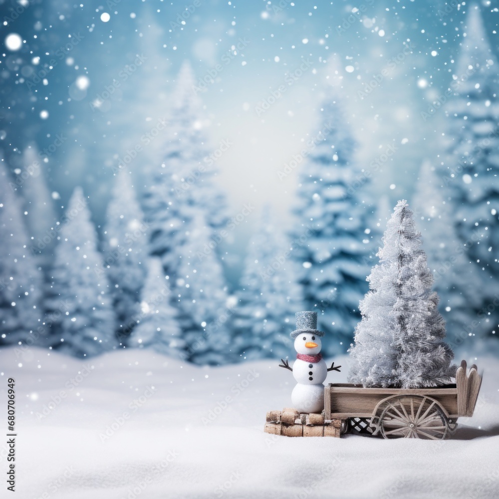 A winter scene with a sled, snowman, and Christmas tree in the background and copy space