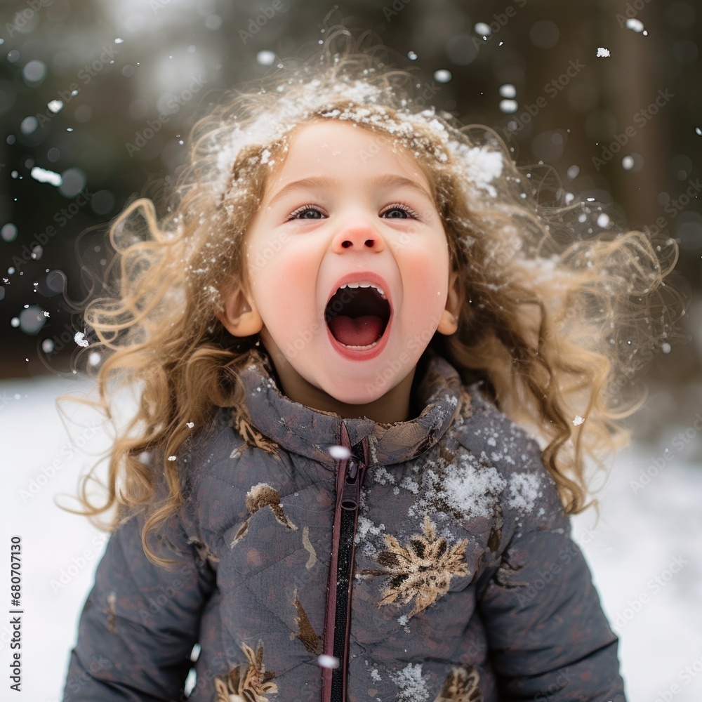 A young girl excitedly catching snowflakes on her tongue