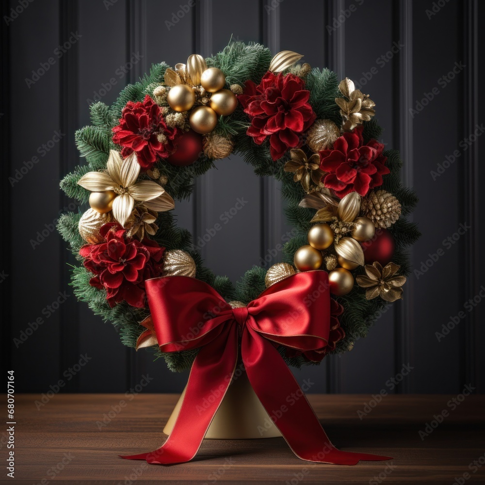 An elegant shot of a red and gold Christmas wreath