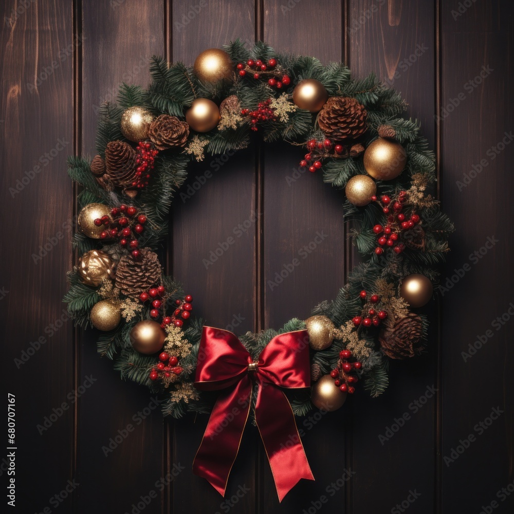 An elegant shot of a red and gold Christmas wreath