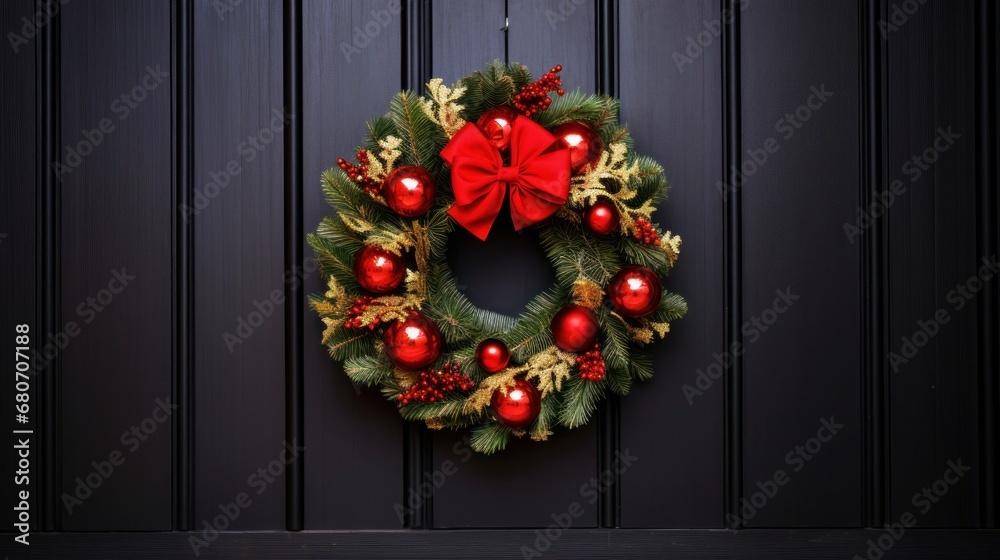 An elegant shot of a red and gold Christmas wreath