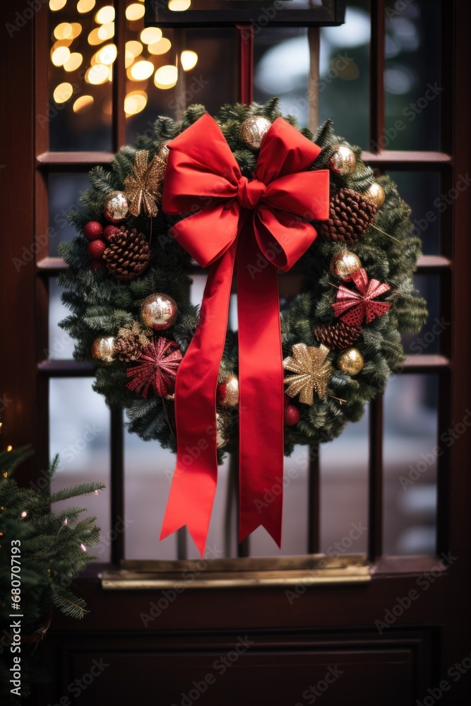 An elegant shot of a red and gold Christmas wreath