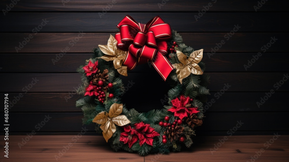 An elegant shot of a red and gold Christmas wreath