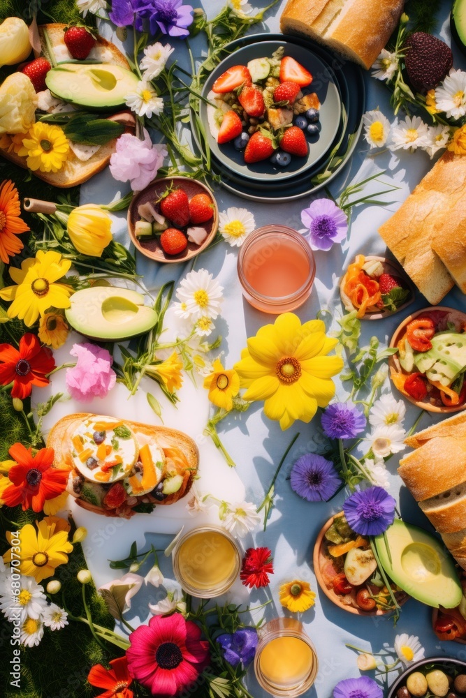 An overhead shot of a spring picnic spread with a colorful blanket, sandwiches, fruit, and flowers