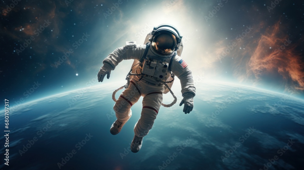 Astronaut floating in space with earth in the background,