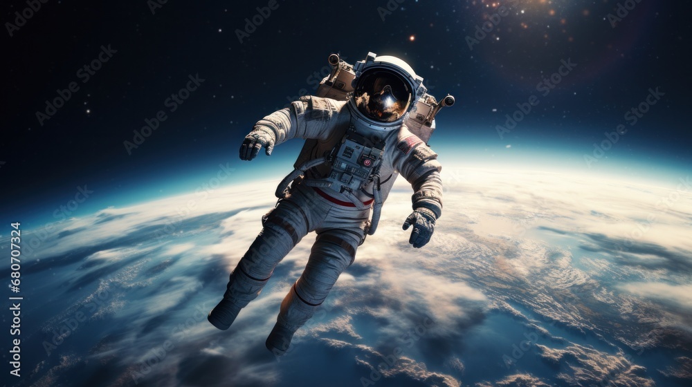 Astronaut floating in space with earth in the background,