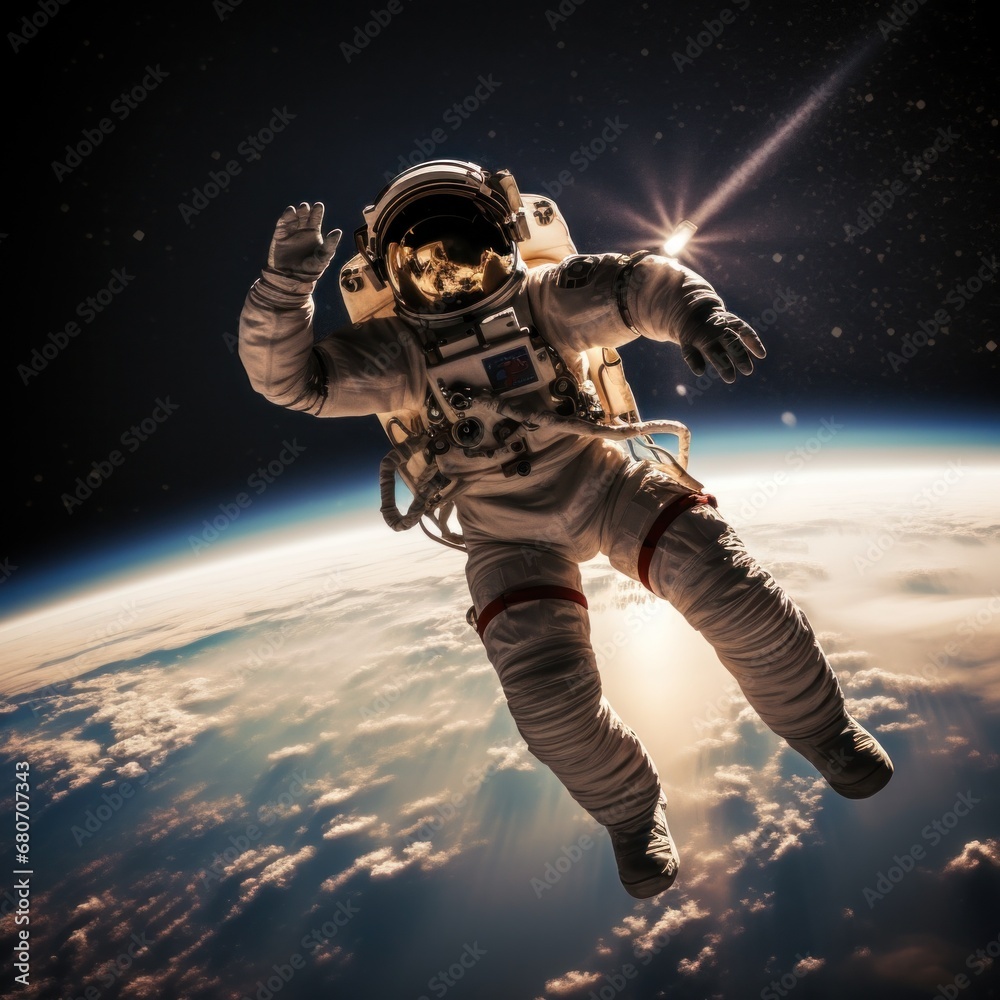 Astronaut floating in space with earth in the background,