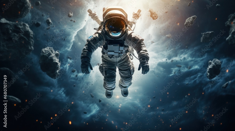 Astronaut floating in space with earth in the background,