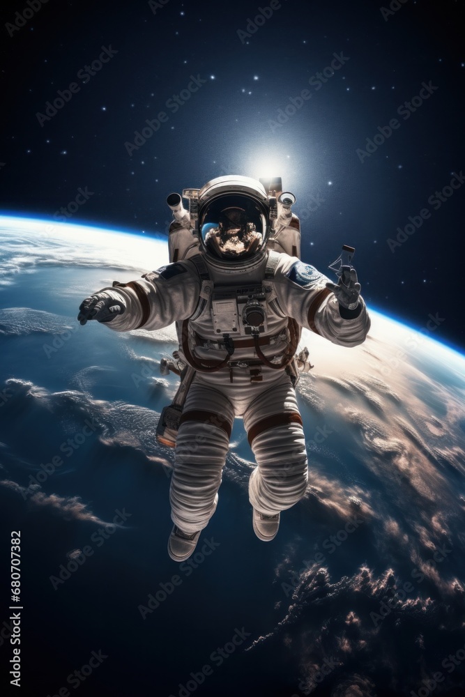 Astronaut floating in space with earth in the background,