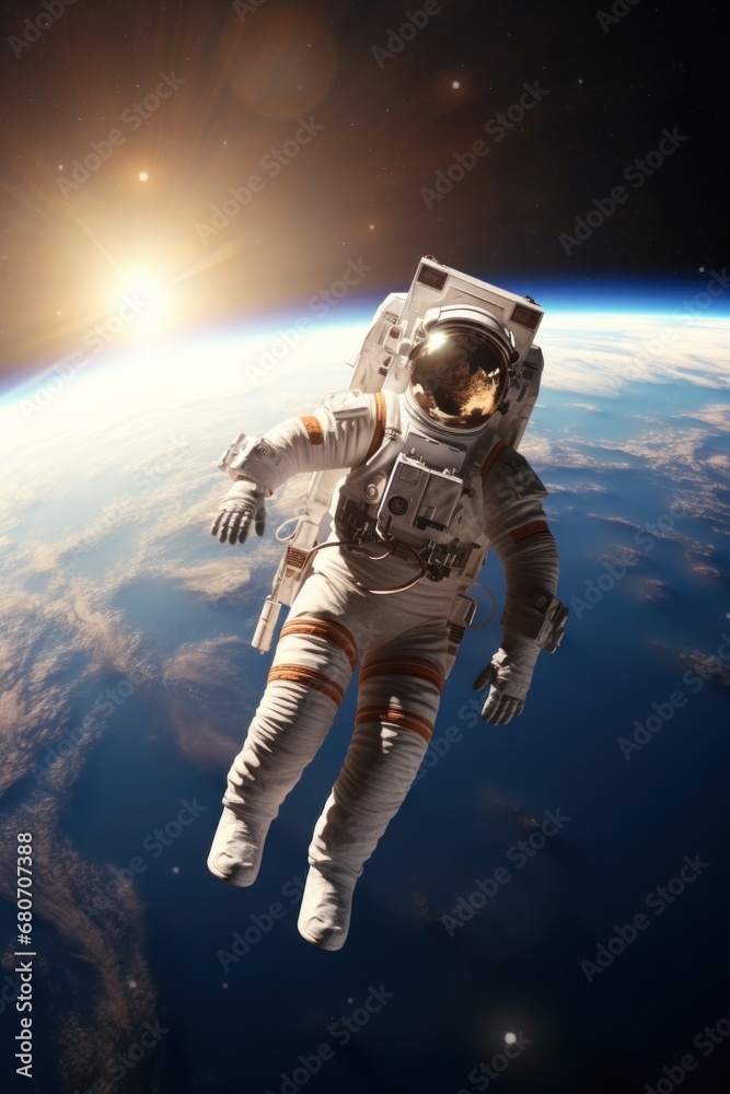 Astronaut floating in space with earth in the background,