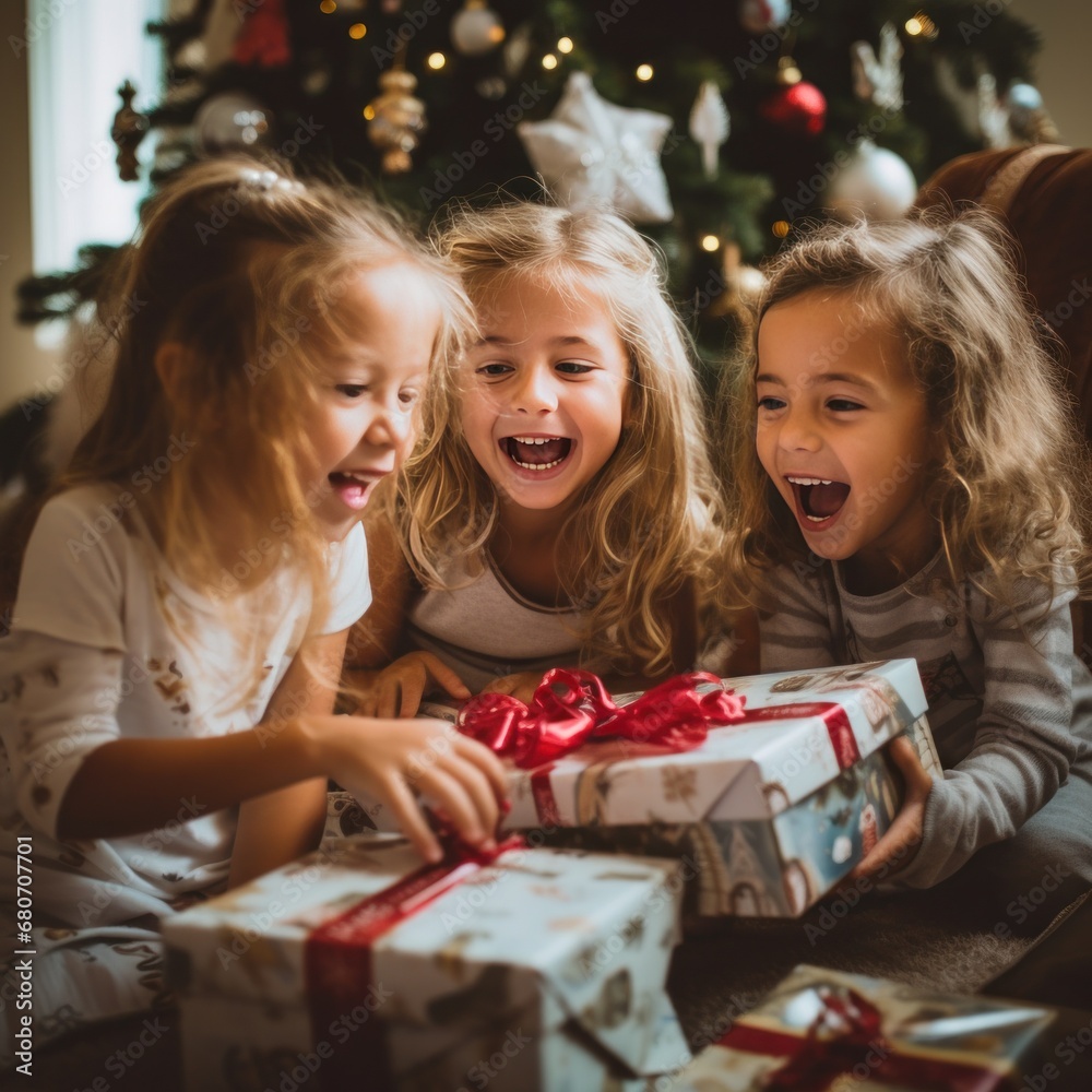 showing children opening presents on Christmas morning