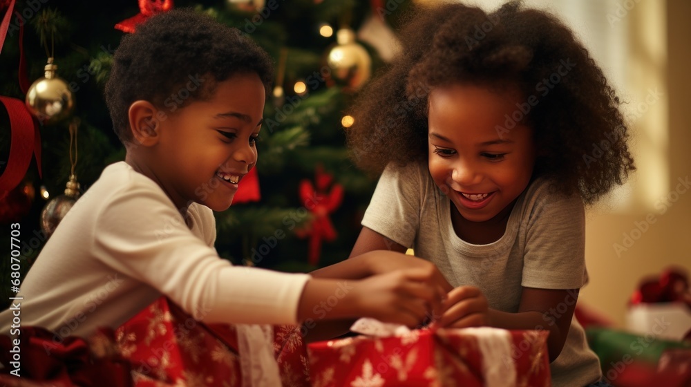 showing children opening presents on Christmas morning