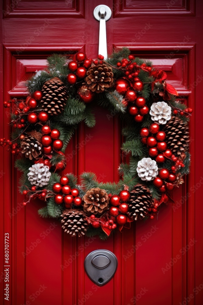 showing a beautiful Christmas wreath hanging on a front door