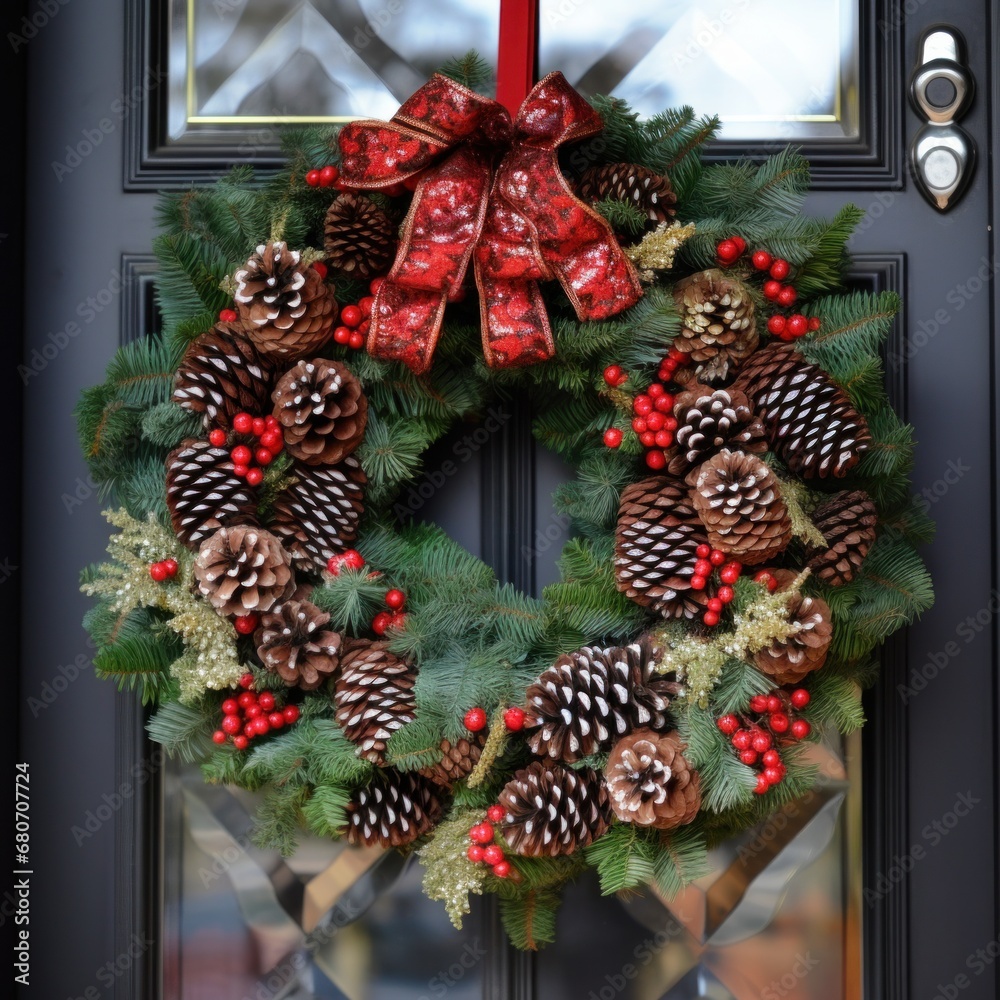 showing a beautiful Christmas wreath hanging on a front door