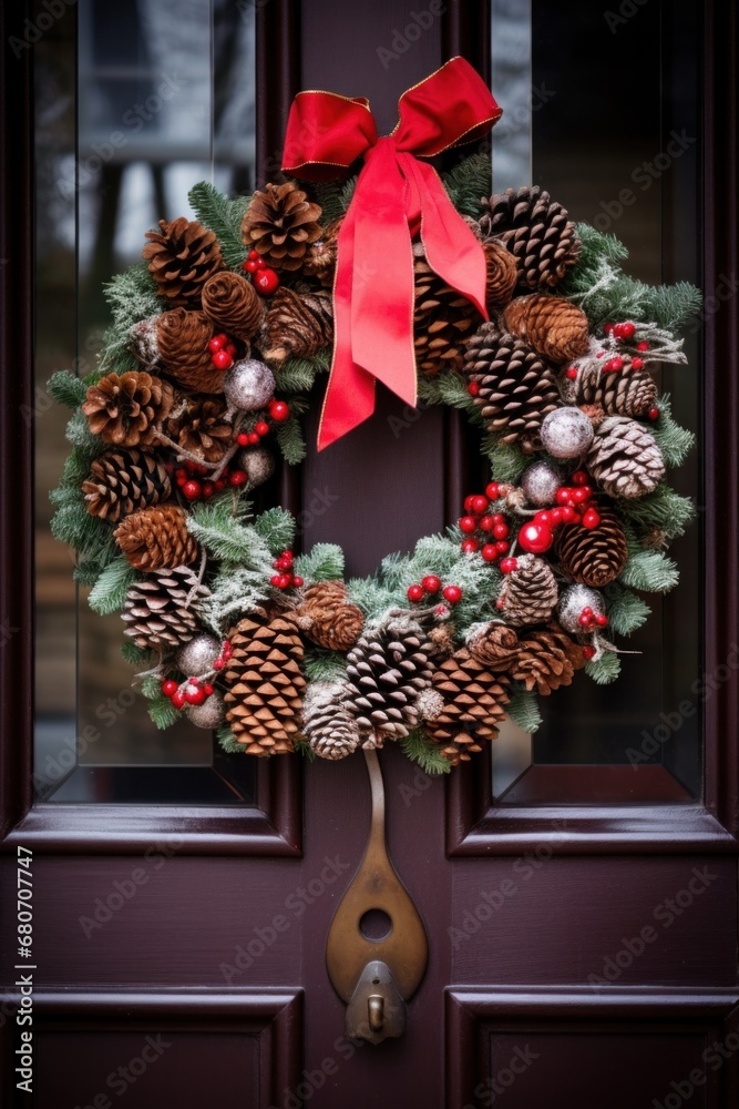 showing a beautiful Christmas wreath hanging on a front door