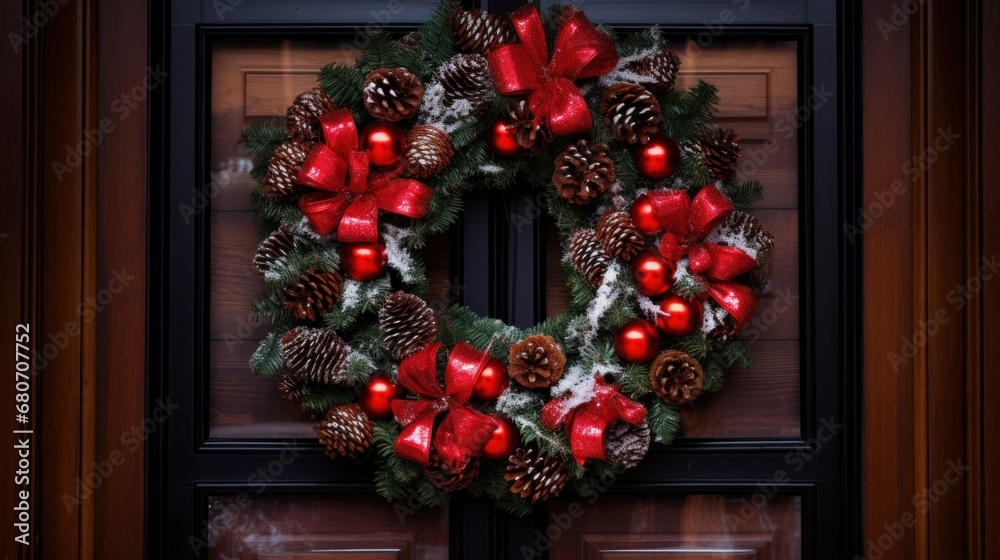 showing a beautiful Christmas wreath hanging on a front door