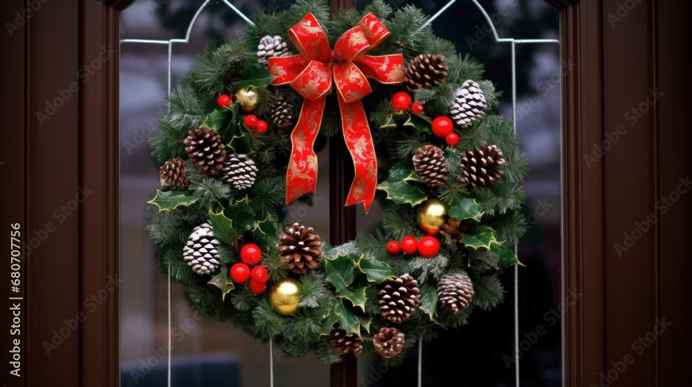 showing a beautiful Christmas wreath hanging on a front door