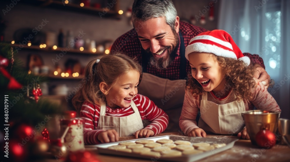 a family is baking Christmas cookies together in the kitchen