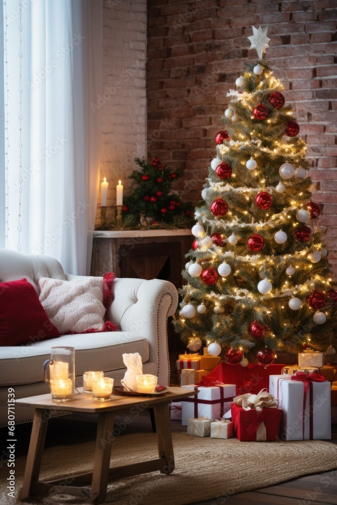 a beautifully decorated living room with a Christmas tree, presents, and garlands