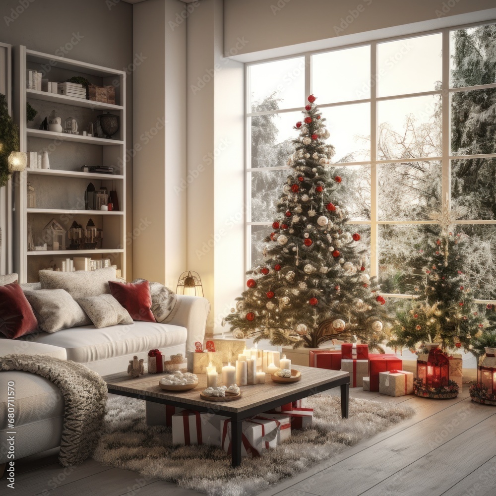 a beautifully decorated living room with a Christmas tree, presents, and garlands