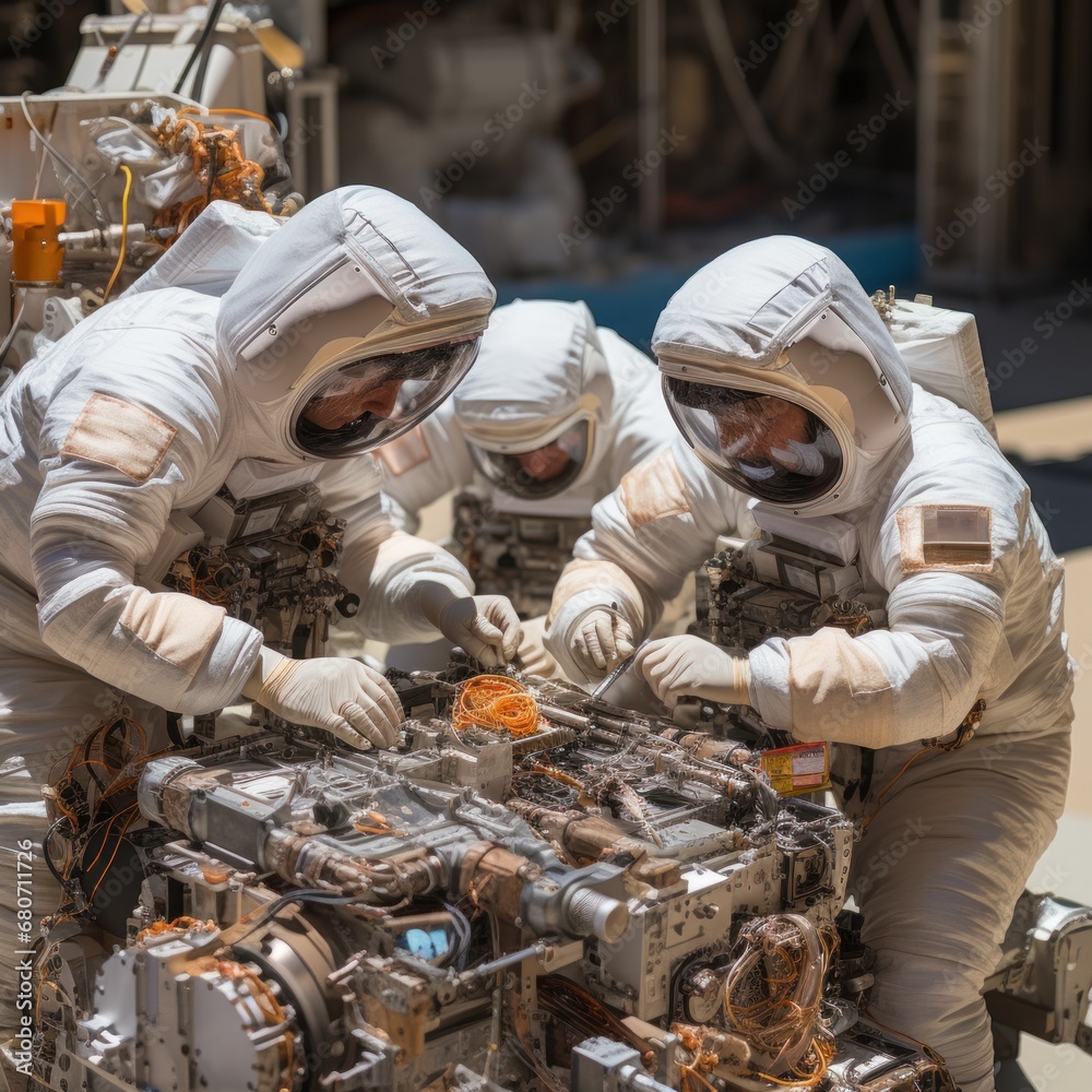 Group of astronauts working together to repair a spacecraft