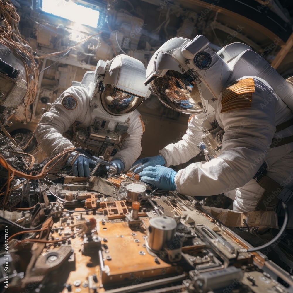 Group of astronauts working together to repair a spacecraft