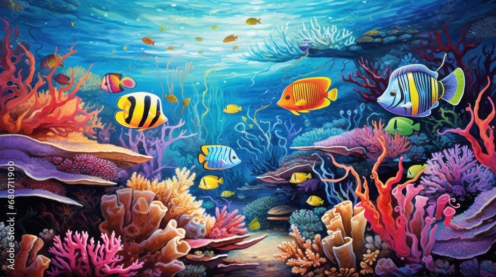 a vibrant and detailed illustration of aquatic life, with colorful fish, seaweed, and coral