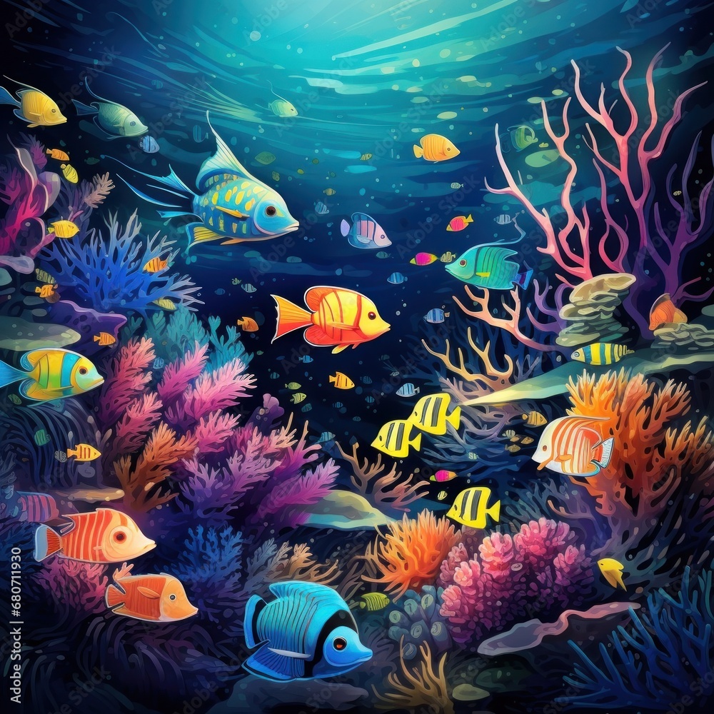 a vibrant and detailed illustration of aquatic life, with colorful fish, seaweed, and coral