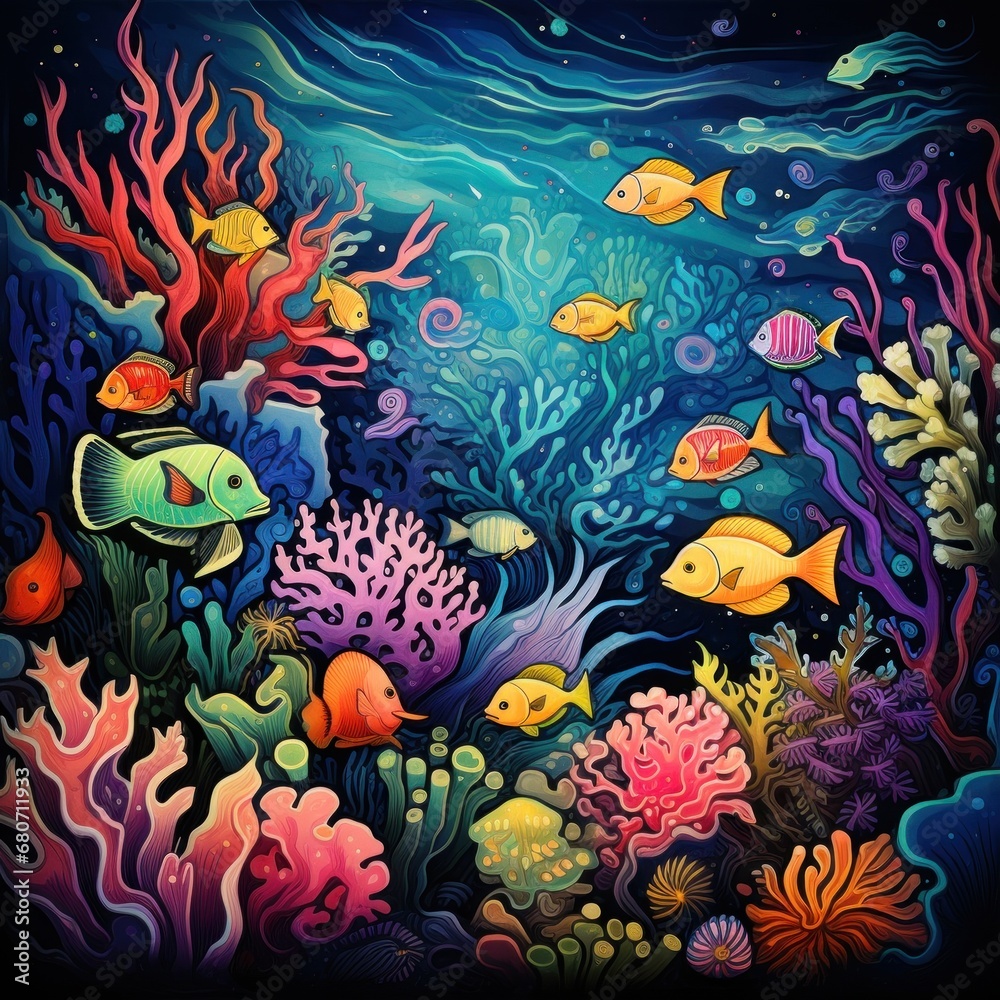 a vibrant and detailed illustration of aquatic life, with colorful fish, seaweed, and coral