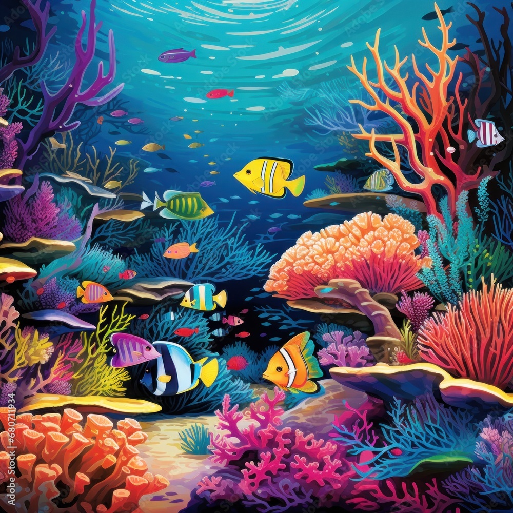 a vibrant and detailed illustration of aquatic life, with colorful fish, seaweed, and coral