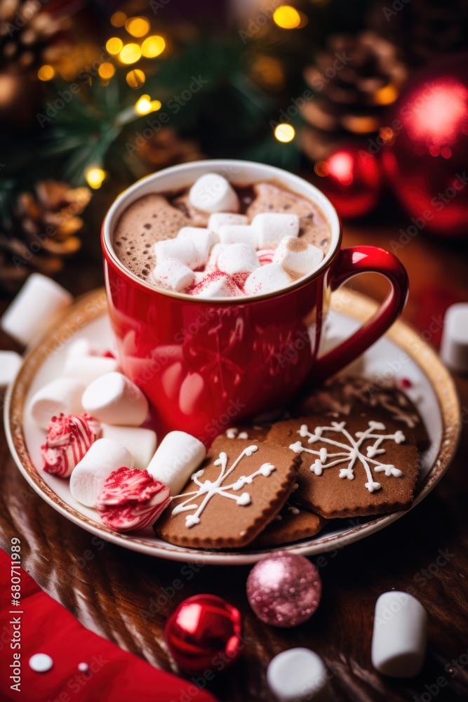 A beautiful image of a cup of hot cocoa with marshmallows, surrounded by Christmas cookies