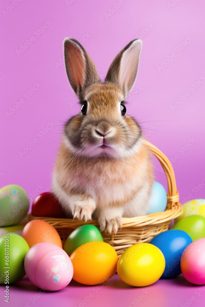 A cheerful Easter bunny holding a basket of eggs on a pink and purple background