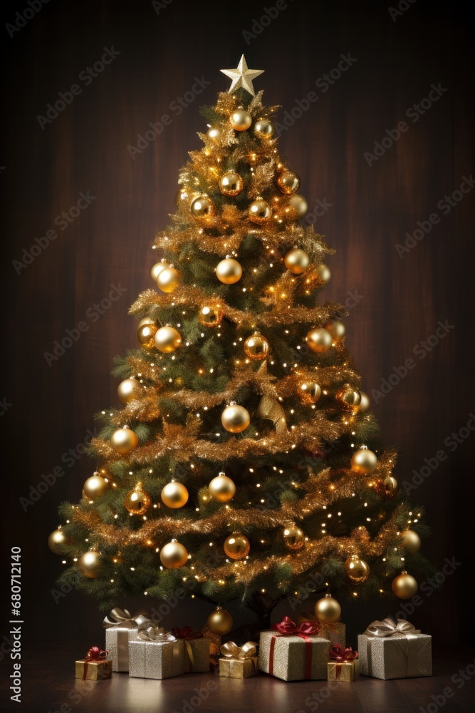 A Christmas tree decorated with golden ornaments and twinkling lights