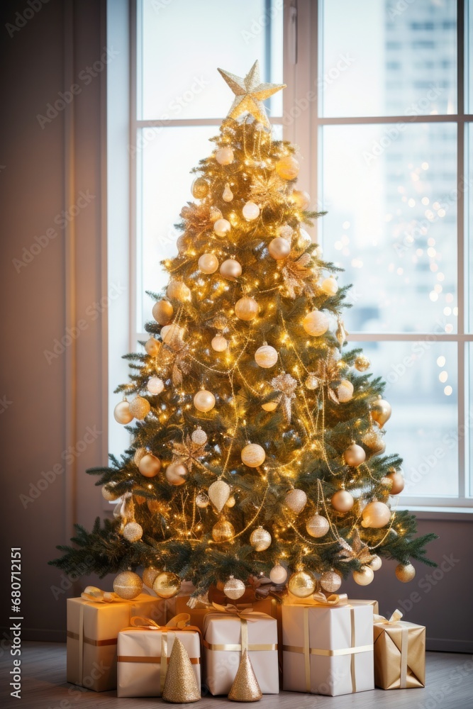 A Christmas tree decorated with golden ornaments and twinkling lights