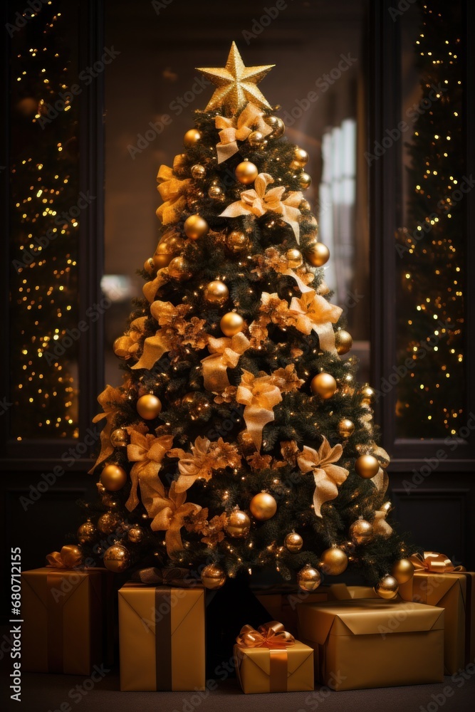 A Christmas tree decorated with golden ornaments and twinkling lights