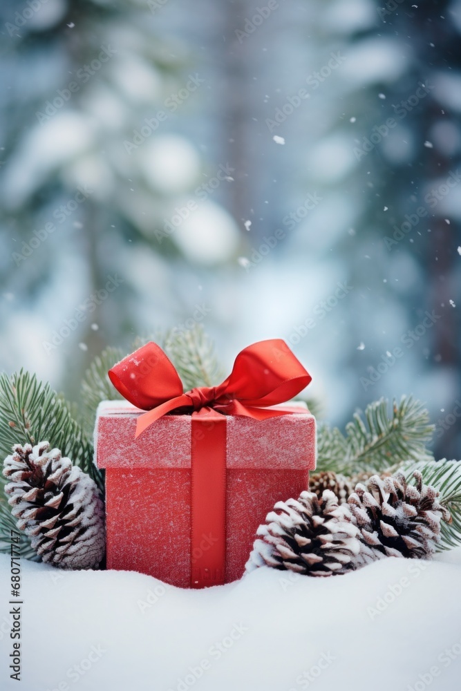 gift box with a big red bow, placed on a snowy background with pine cones and branches