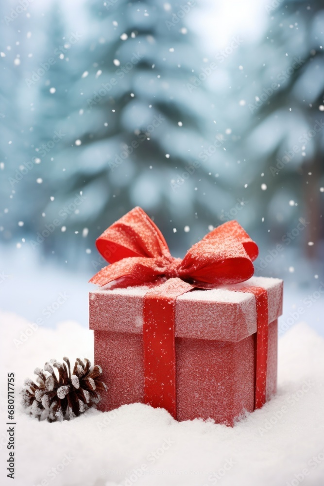 gift box with a big red bow, placed on a snowy background with pine cones and branches