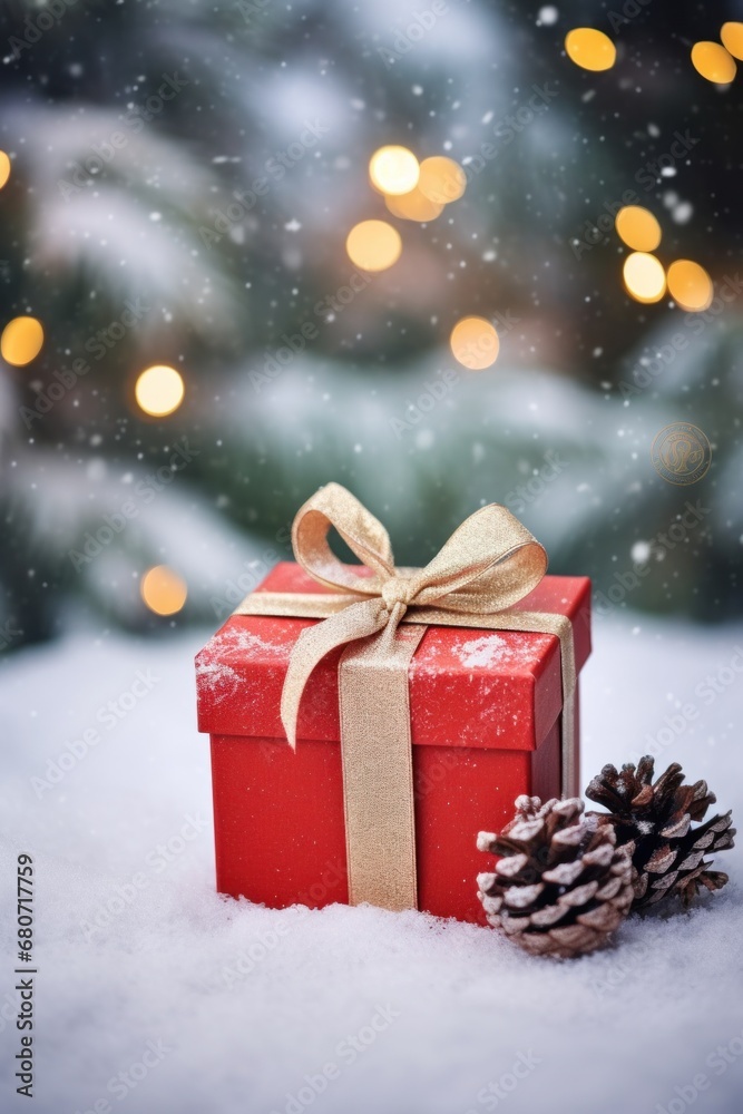 gift box with a big red bow, placed on a snowy background with pine cones and branches