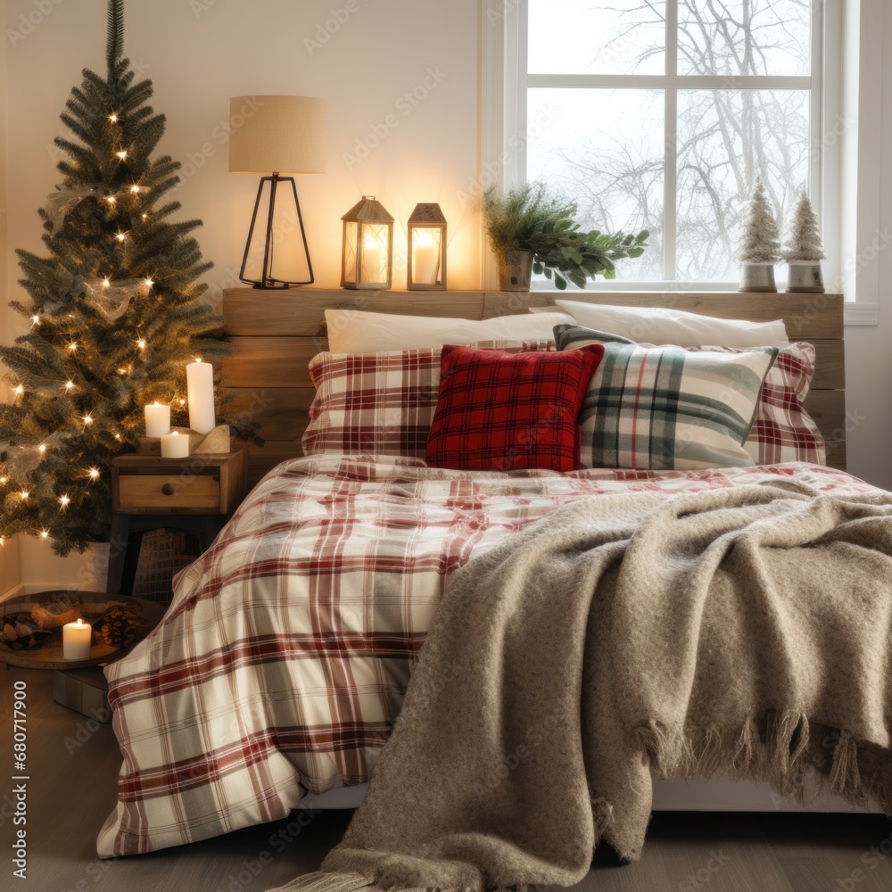 Cozy bedroom with a plaid blanket and holiday-themed pillows