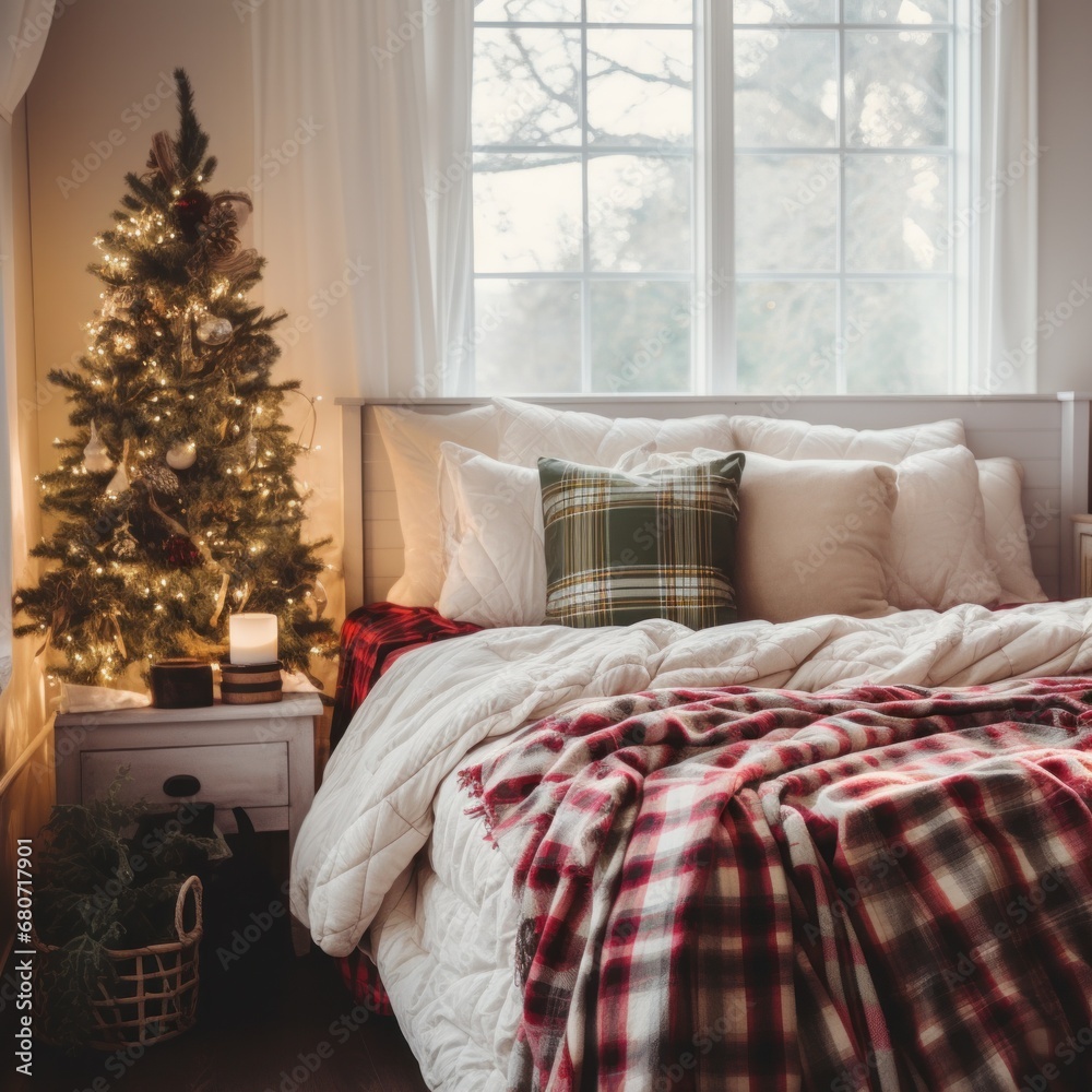 Cozy bedroom with a plaid blanket and holiday-themed pillows