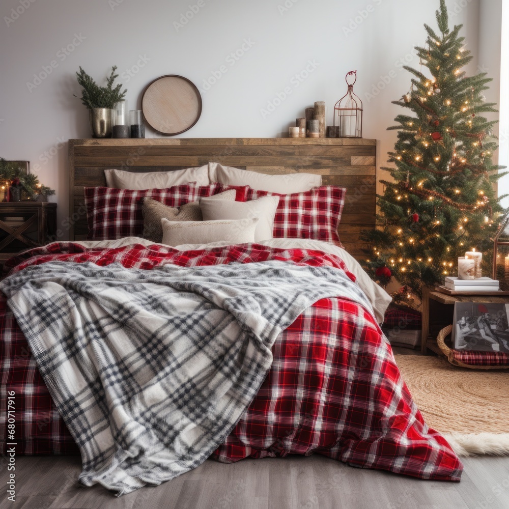 Cozy bedroom with a plaid blanket and holiday-themed pillows